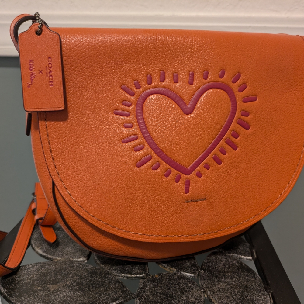 Coach Orange Leather Crossbody with Pink Heart Motif